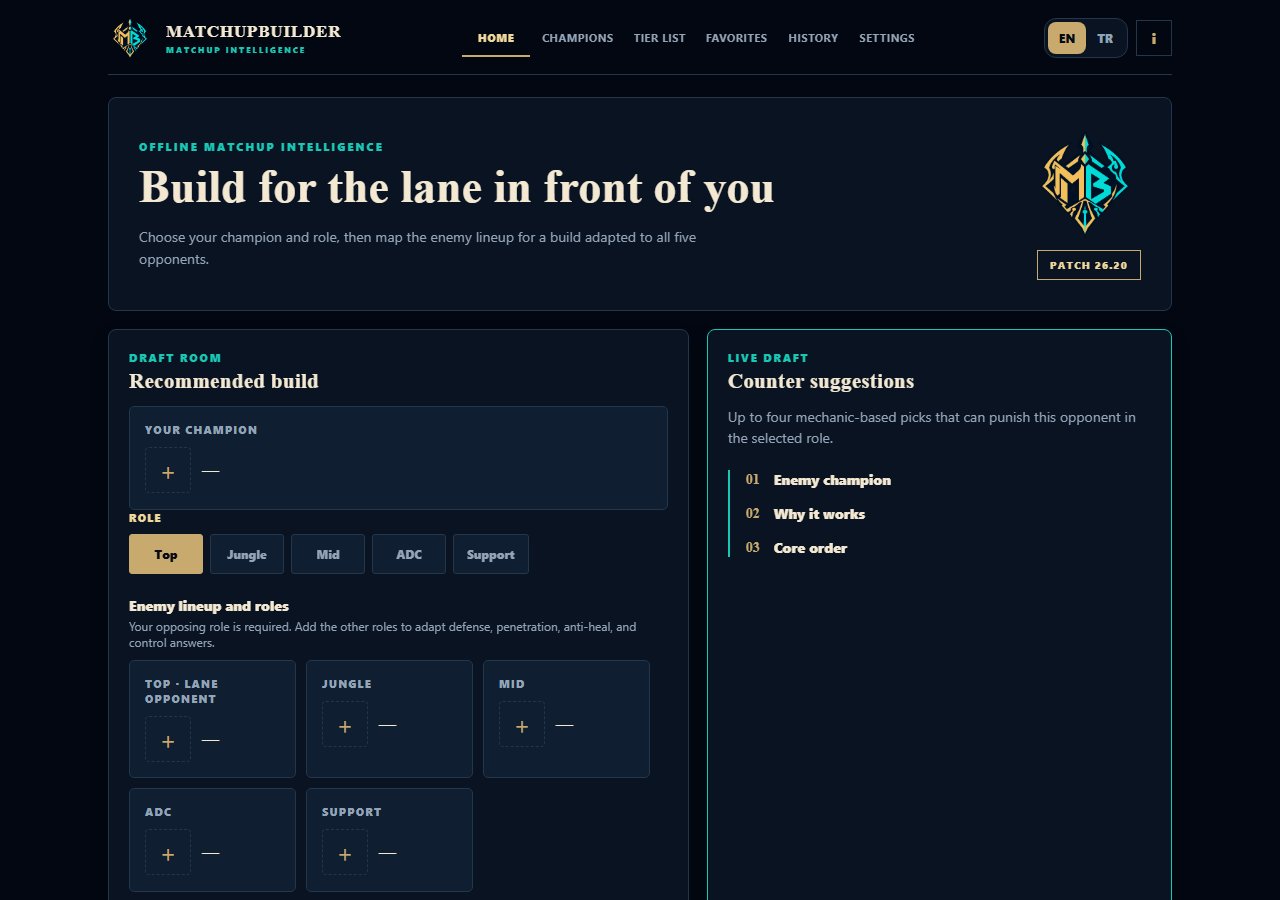 MatchupBuilder build planlama ekranı